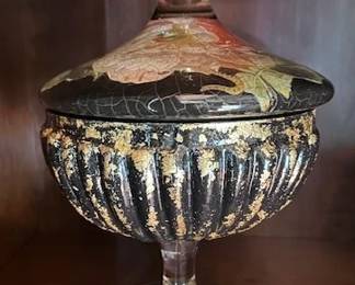 Lepidoptera Floral Lesley Roy lidded compote, 12" tall x 9" wide.