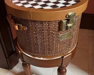MacKenzie Childs Courtly Check Enamelware Rattan Side table, 27" H and 17" dia.