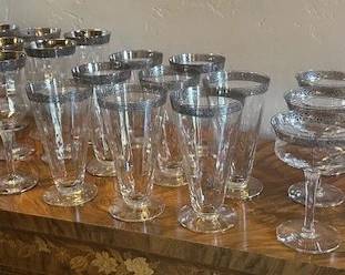 Vintage Tiffin Franciscan crystal stemware, silver decor, 24 pc. Rambler Rose.