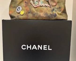 Chanel Embroidery Graffiti Hand Bag Canvas Leather Khaki Brown. Limited Edition.