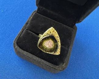 18k Watermelon Tourmaline slice ring.