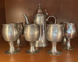 Sheffield Pewter tea set, includes tea/coffee pot and 8 goblets.