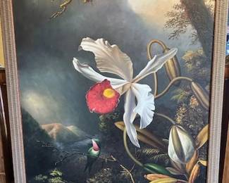 Amethst Hummingbird with a white orchid art, no signature, but appears to be by Martin Johnson Heade.