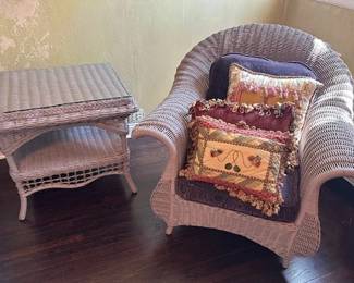 Indoor/outdoor wicker chair and side table (also a matching settee).
