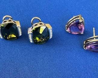 SS and Green synthetic stone earrings plus 14k posts and SS amethyst earrings.