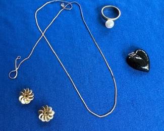 14k gold pearl ring, black coral heart pendant with 14k, 14k necklace and 14k