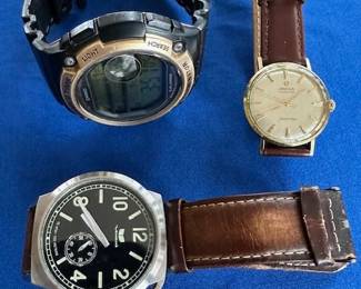 3 mens watches, Casio illuminator alarm watch, Vestal and antique Omega.