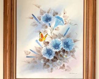 Framed Painting Butterfly & Flowers by Serrano