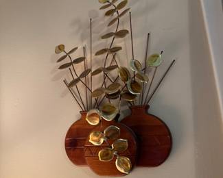 Vintage Brass Copper Leaves in Southwest Wood Pots Wall Hanging Sculpture 18"x17 eucalyptus.