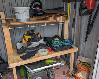 Lawn equipment in the shed in the back yard