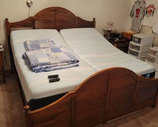 There are two adjustable beds on a wood king size frame. Both beds are twin sizes and adjust independently of each other. Name brand of the adjustable bases are EASE. The mattress are luxebreeze.