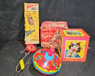 Vtg Whee-Lo, Jack-in-the-Box, & Tin Spinning Top
