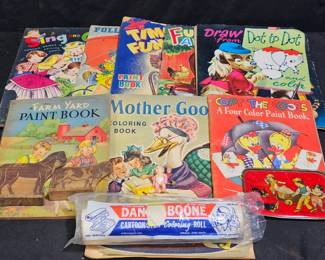 VTG Coloring Books & Roll, Tiny Doll & Farm Toys