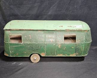 Vintage Green Painted Steel Caravan with Wood Base