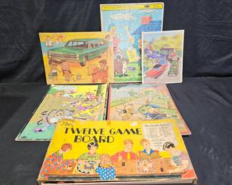 Vtg 1928 Twelve Game & 4 Jigsaw Puzzles