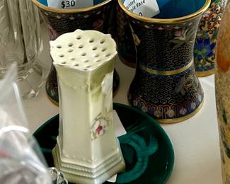 Antique Nippon Hat Pin stand, Cloisonne’ Pair Vases, Pair Handpainted Asian Style Tumblers