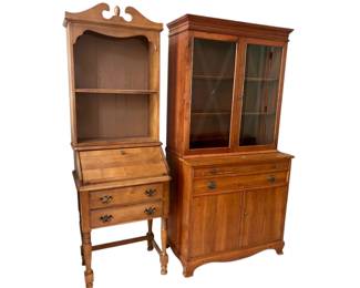 Vintage 2 Piece Dropdown Secretary with shelving. Vintage 2 Piece China Cabinet Display with Drawers & Shelves.