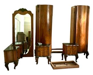 Art Nouveau Bedroom Set. Amazingly Beautiful! And Useful. The Closet Unit, once totally assembled, gives closet/storage space.
There is a matching head & footboard, along with the pictured Nightstands and Vanity.