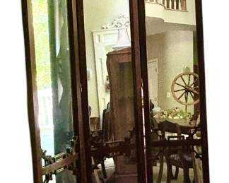 Vintage 3 Panel Mirrored Room Divider with Asian Style Fret Accents