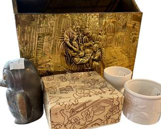MCM Brace Plated Magazine Holder, Saki Set, MCM Pewter & Brass Owl, Butter Jars