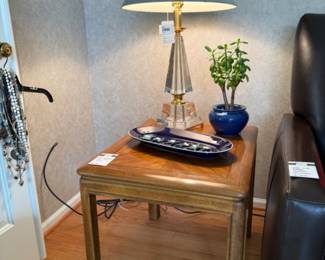 Drexel Heritage Style End Table, Lucite & Brass Table Lamp