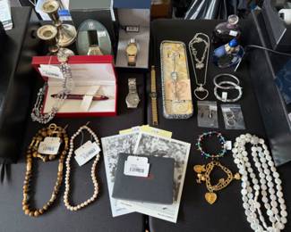 Ralph Lauren Beaded Necklace Set, 14k Clasp Pearl Necklace, Vintage Sheaffer Ballpoint Pen, Watches, Candlestick Holders, Jaipur Saphir Eau De Toilette, Tumi Wallet