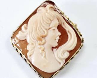 14K Gold Signed Shell Cameo Brooch Pendant Italy