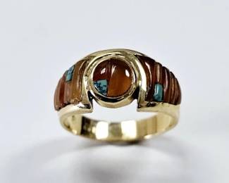 14K Yellow Gold Amber & Turquoise Ring