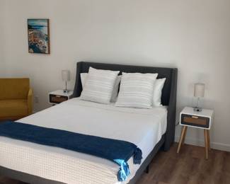 [$125] Queen Size Bed Frame with Upholstered Headboard, Linen Fabric and Wooden Slats Support, No-Noise. Invludes mattress ($125)
2 Nightstands: ($50)