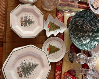 Vintage Christmastime by Nikko holiday china - dinner plates, salad plates, cups & saucers + serving plates and vintage glass decanters.