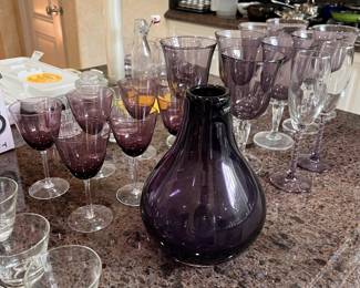 Purple Rogaska Slovenia crystal wine glasses, champagne flutes, Kosta Boda purple vase & many more glasses!
