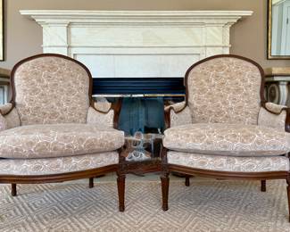 (2) Schumaker Furnishings Bergere Armchairs, Upholstered with "Velvet Roses" - pale caramel/taupe tones (Italy)