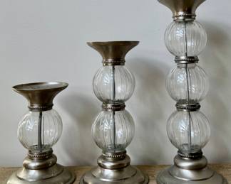 Set of 3 Chrome & Glass Candlesticks