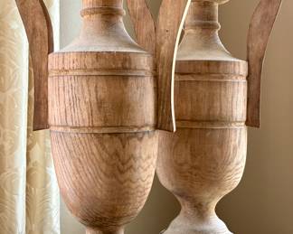 (2) Heavy Hand Carved Decorative Wood Urns, Weathered Oak