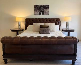 Ralph Lauren Edwardian King Bed with Tufted Leather Headboard and Footboard with Nailhead Trim