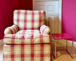 Upholstered Pink & Ivory Plaid Club Chair & Pink Side Table