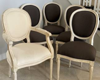 (5) Lewis Mittman Dining Oval Backed Side Chairs in Brown with One Arm Chair in Ivory