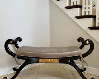 Regency Style Bench, Black Lacquer with Gilt Accent, Gold Ball Feet - Caned Top
