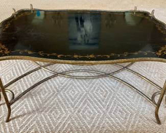 Black, Cracked Lacquer Shaped Choiserie Tray Table with Antique gilt chinoiserie and Antiqued Gilt Twig Iron Base