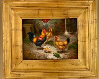 "Chickens" Oil on Canvas, Signed J. Fordo