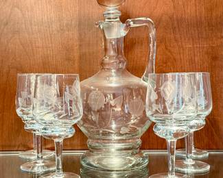 Etched Wine Glasses & Decanter