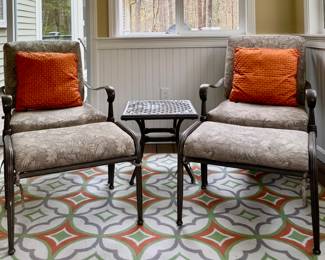 (2) Cast Aluminum Armchairs with Ottomans & Side Table