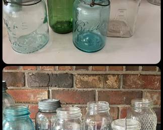 Huge collection of vintage canning jars including Hazel Atlas, Ball, Kerr and more. Including clear, amber and blue