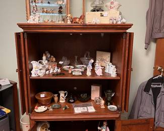 Solid wood cabinet, collection of ceramic dogs, and more