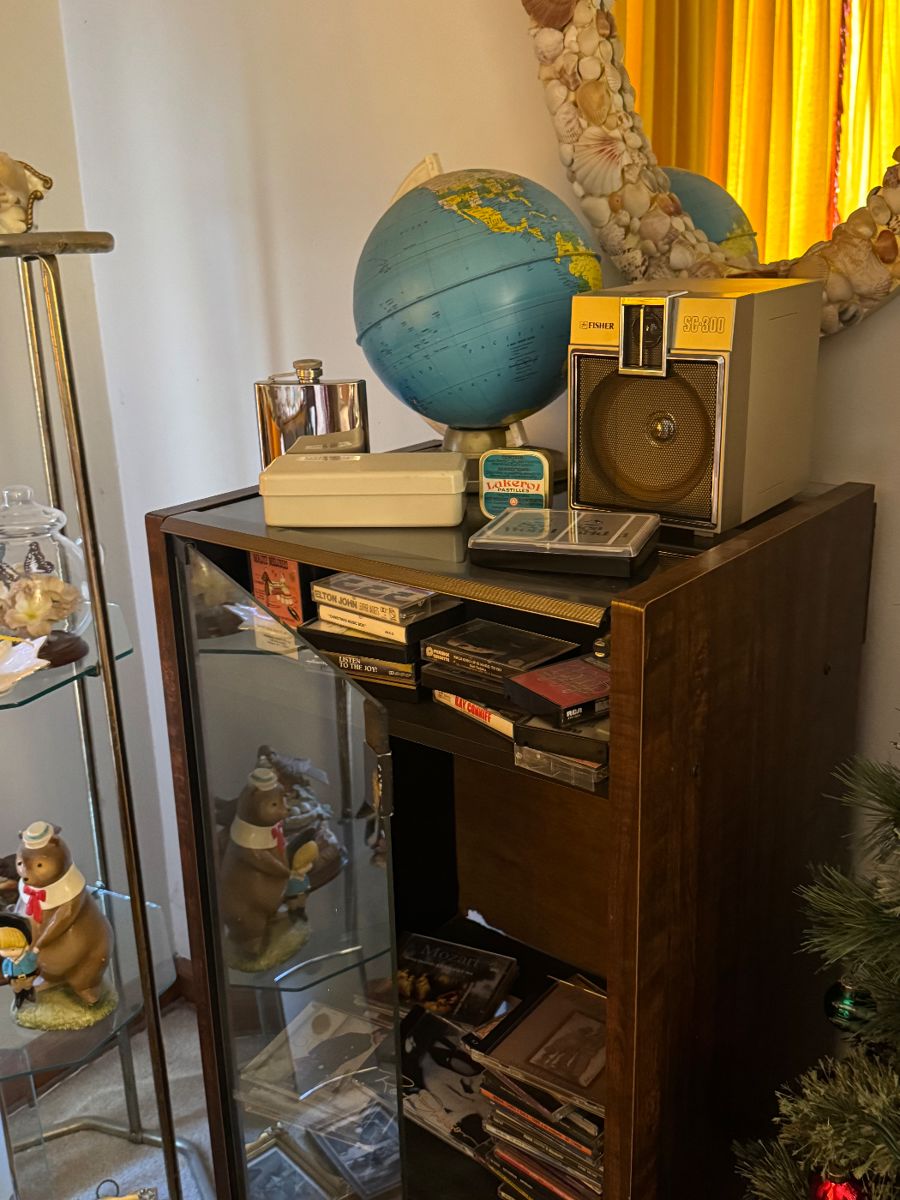 Vintage globe
Music tapes
Cabinet with glass door
