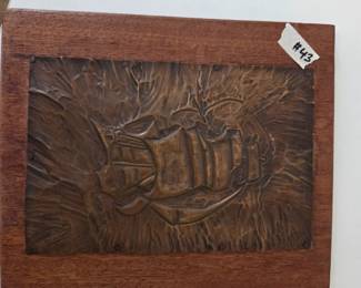#43 Hammered Copper Sailing Ship Seascape 9x11 $20.00