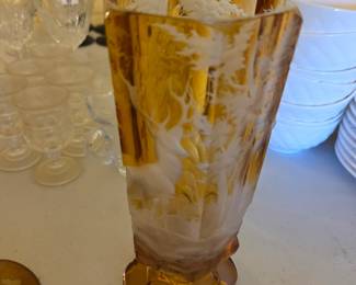 #120 Antique 19th Century Biedermeier Amber Deep Etched Goblet $200.00
