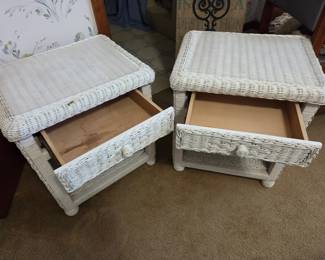 #48 Pair of White Wicker 1 Drawer End Tables 20x16x23 $40.00