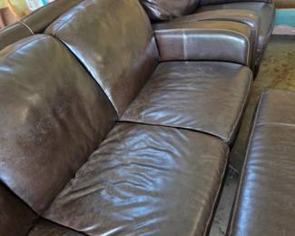 #83 Brown Leather Couch 80", Recliner, and Ottoman 46x23x18 (3 Pieces) (as is finish) $75.00