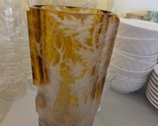 #120 Antique 19th Century Biedermeier Amber Deep Etched Goblet $200.00